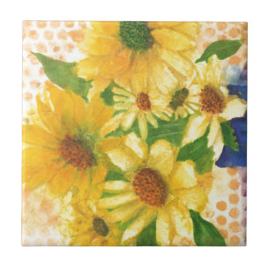 Carreau marguerites jaunes dans vase bleu