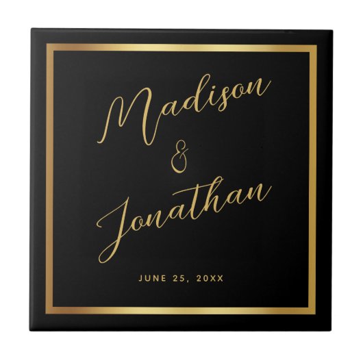 Carreau Mariage de script de bordure brillant en or noir c (Devant)