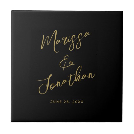 Carreau Mariage de script lettres d'or noir moderne (Devant)