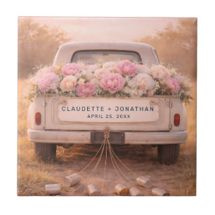 Carreau Mariage personnalisé avec camion vintage et fleurs