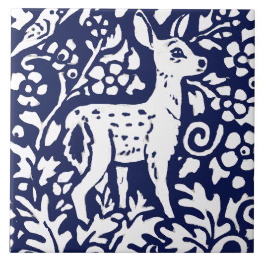 Carreau Marine Bleu Blanc Cerf Faune Bois Animal Trivet (Devant)