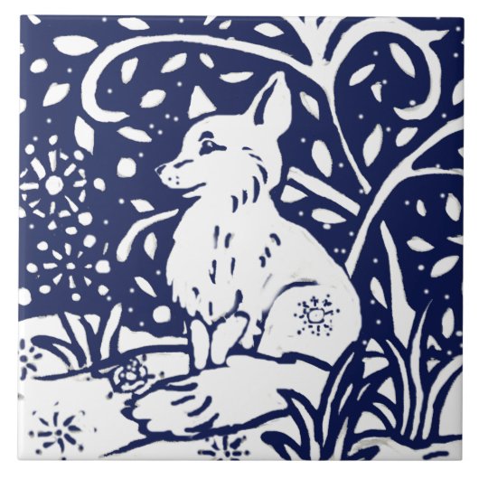 Carreau Marine Bleu Blanc Hiver Renard Forêt Bois Trivet A (Devant)