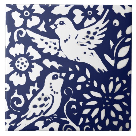 Carreau Marine Bleu Oiseau Floral Forêt animal Trivet (Devant)