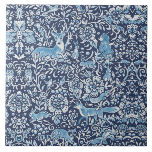 Carreau Marine Bleu & White Forêt Animaux Fox Rabbit Flora