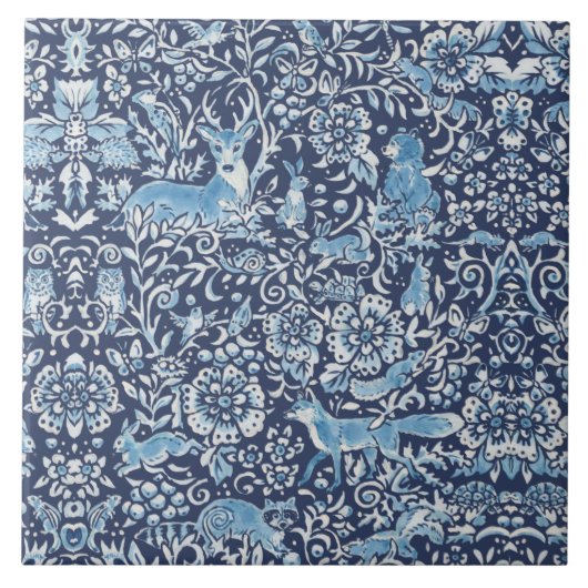 Carreau Marine Bleu & White Forêt Animaux Fox Rabbit Flora (Devant)