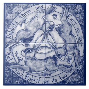 Carreau Marine Blue Cobalt Rabbit Lièvre Trio Quatre sais