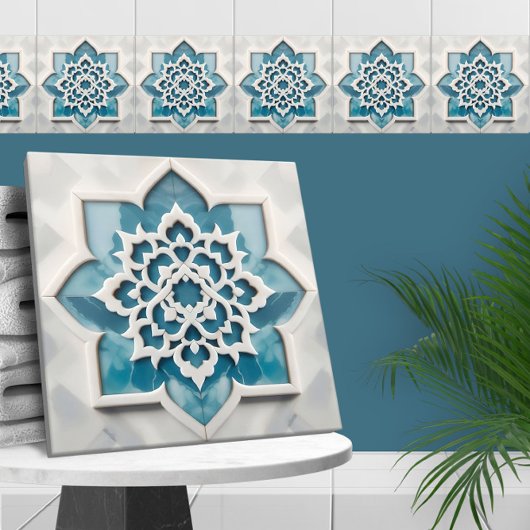 Carreau Marocain Quatrefoil Bleu et Marbre blanc