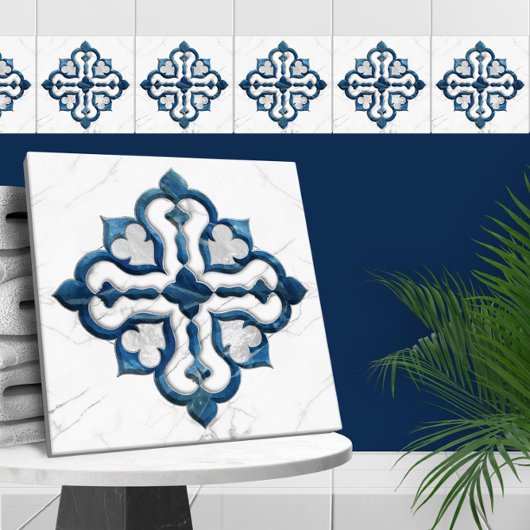 Carreau Marocain Quatrefoil Bleu et Marbre blanc