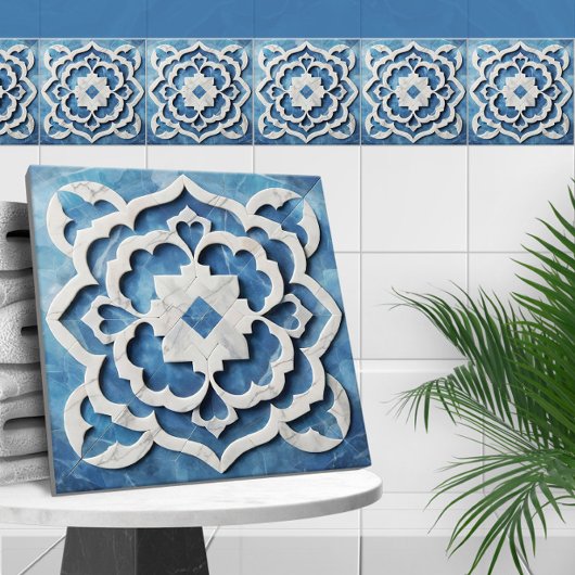 Carreau Marocain Quatrefoil Bleu et Marbre blanc