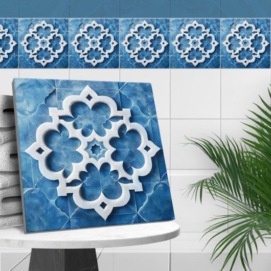 Carreau Marocain Quatrefoil Bleu et Marbre blanc