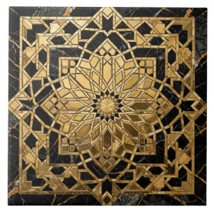 Carreau Marocain Zellij en marbre noir et feuille d'or 3D