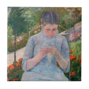Carreau Mary Cassatt - Fille couture dans un jardin