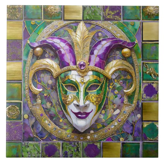 Carreau Masque de Jester Mardi Gras Violet Vert Or (Devant)