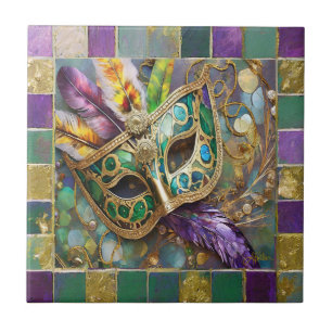 Carreau Masque de plumes colorées vert et or de Mardi Gras