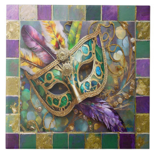 Carreau Masque Mardi Gras Gold & Green en plumes colorées