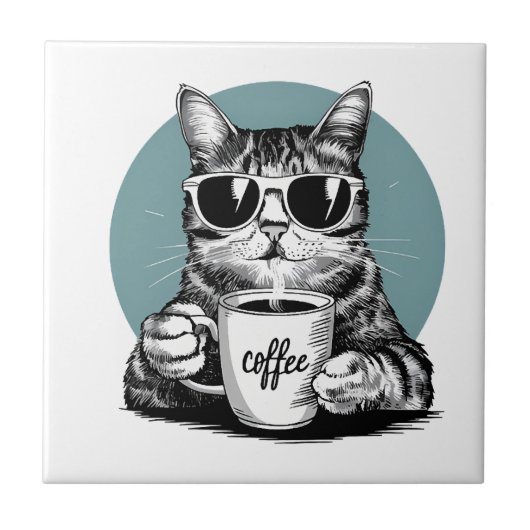 Carreau Matins de chat cool - Café, lunettes de soleil & a (Devant)