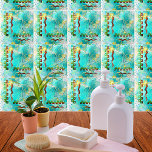 Carreau Mayan Turquoise & Golden Misty Sky<br><div class="desc">This airy and luminous design celebrates the Yucatan Peninsula Mayan culture. It shows a Mayan warrior sculpture, looking at the horizon. Its exquisite turquoise and golden baseboard evokes the indigenous Mexican Caribbean. Ethnic Mexican art at its finest. The entire design is covered by a sheer veil, with delicate golden and...</div>