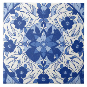 Carreau Médaillon aux hirondelles en azulejo portugais ble