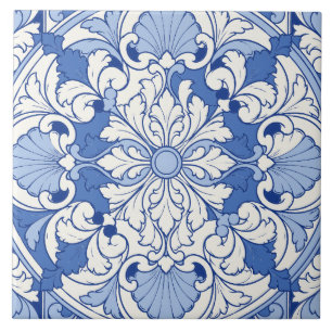 Carreau Médaillon d'acanthe en azulejo portugais bleu