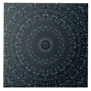 Carreau Médaillon de kaléidoscope bleu et noir Mandala