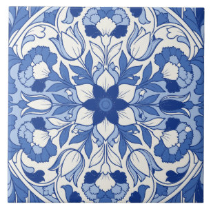 Carreau Médaillon de tulipe en azulejo portugais bleu