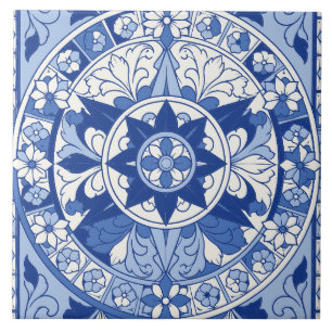 Carreau Médaillon étoile fleur en azulejo bleu portugais