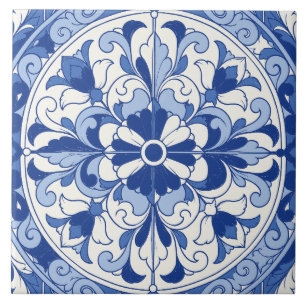 Carreau Médaillon floral en azulejo bleu portugais