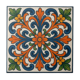 Carreau Médaillon Floral Peint À La Main