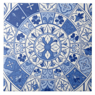 Carreau Médaillon Rosette en Azulejo Portugais Bleu