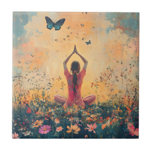 Carreau Méditation de Prairie de Coucher de Soleil avec Pa