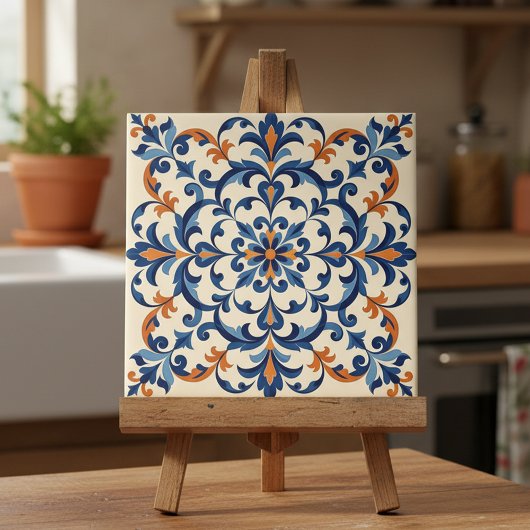 Carreau Mediterranean Azulejo Style Navy Blue and Orange