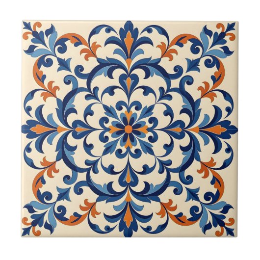 Carreau Mediterranean Azulejo Style Navy Blue and Orange (Devant)
