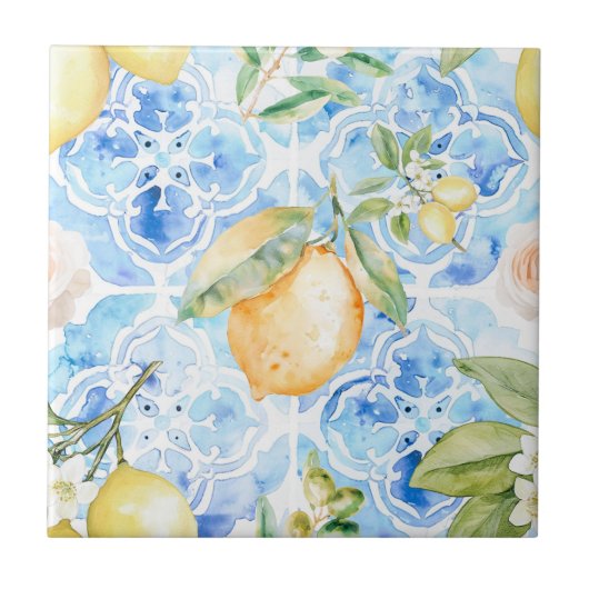 Carreau Mediterranean Blue Tile Yellow Lemon Watercolor (Devant)