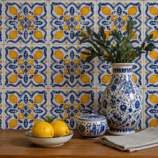 Carreau Mediterranean Lemon Blossom Ceramic Hand Painted