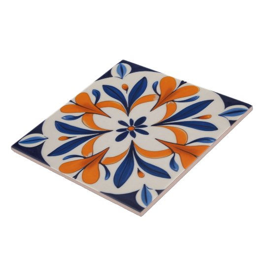 Carreau Méditerranée Abstraite symétrique orange et bleu (Côté)