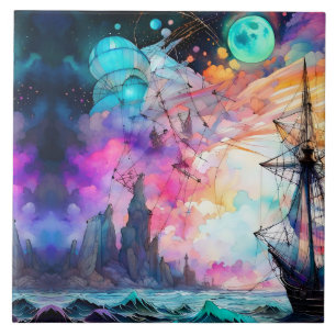 Carreau Mer orageuse, bateau futuriste Lune Abstraite