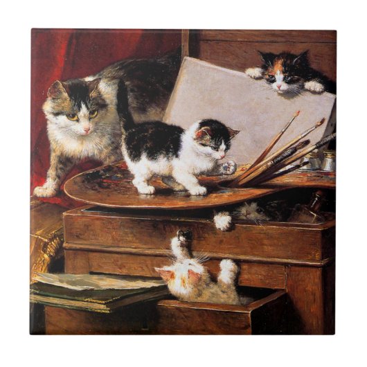 Carreau Mère Chat et chatons sur table (Devant)