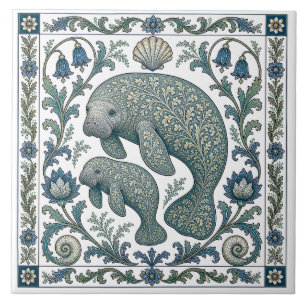 Carreau Mère et bébé lamantin magnifiques, vintage orné