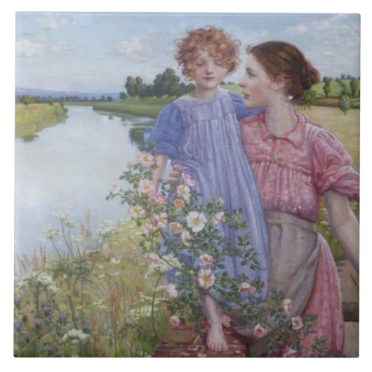 Carreau Mère et enfant au bord d'une rivière avec des Rose (Devant)