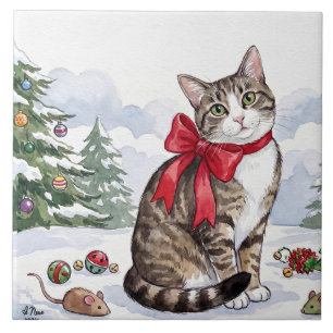 Carreau Mia le chat festif avec décoration de fêtes