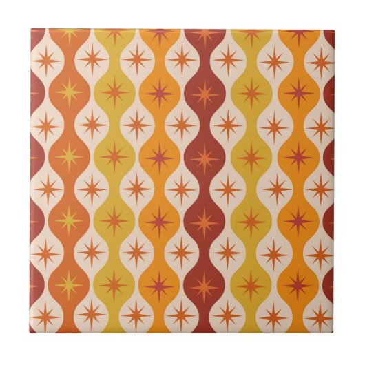 Carreau Mid Century Orange Mod Stars sur un motif ogénique (Devant)