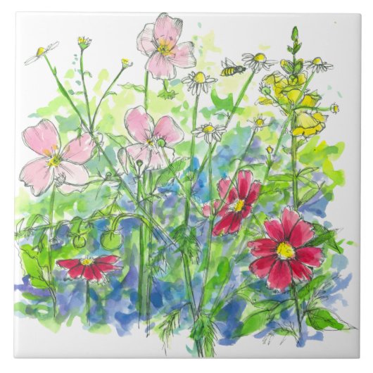 Carreau Miel Bee Cosmos Snapdragons Fleurs sauvages roses (Devant)