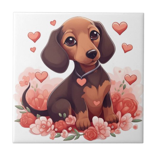 Carreau Mignonne chiot Dachshund avec le coeur (Devant)