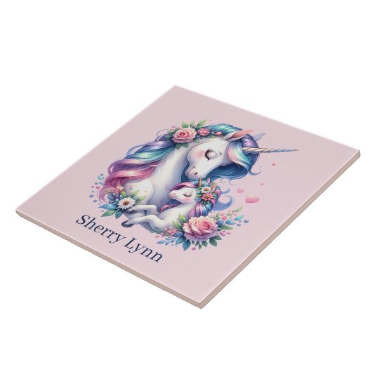 Carreau Mignonne maman et bébé licorne (Côté)