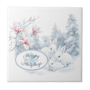 Carreau Mignons lapins blancs en vacances d'hiver neige