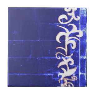 Carreau Minimalisme Art Abstrait Bleu Dessin à main blanch