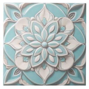 Carreau Mint Blue Faux Relief Élégante Fleur Florale
