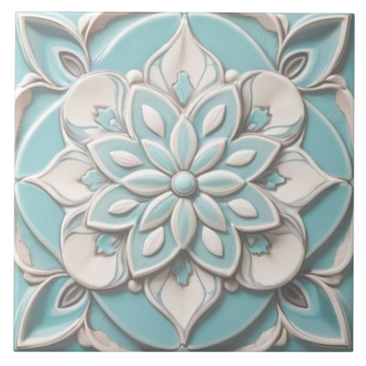 Carreau Mint Blue Faux Relief Élégante Fleur Florale (Devant)