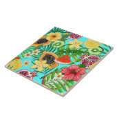 Carreau Mix-fruit tropical, fleurs et feuilles en bleu (Côté)