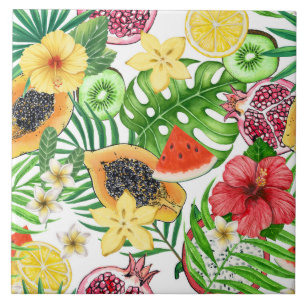 Carreau Mix-fruit tropical, fleurs et feuilles sur blanc